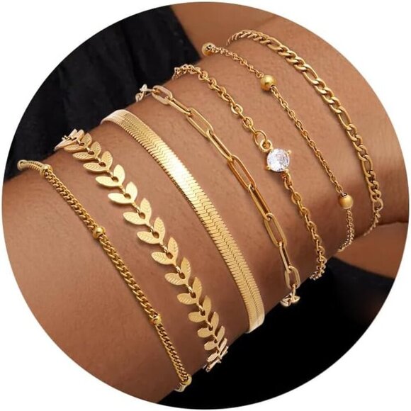 Gold Bracelets for Women Set 7 Styles Layering Hypoallergenic Waterproof - Picture 1 of 6